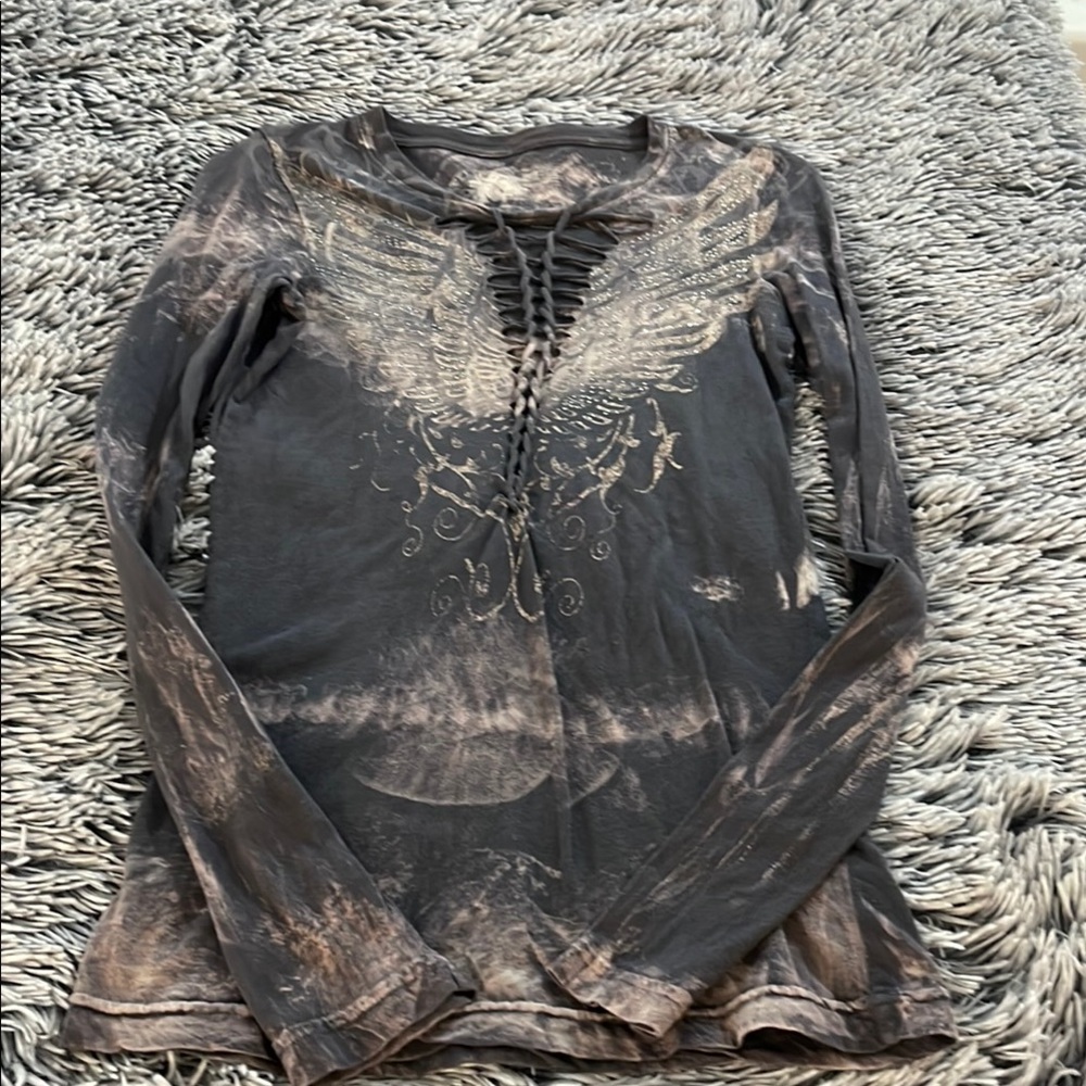 Gray Affliction Graphic Cut Out Long Sleeve Tee